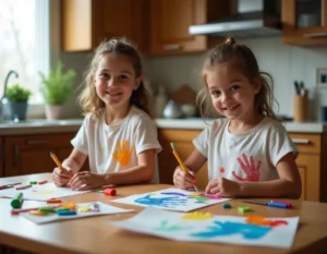 Deux fillettes faisant des activités manuelles créatives avec du papier coloré et de la colle sur une table en bois dans une cuisine familiale