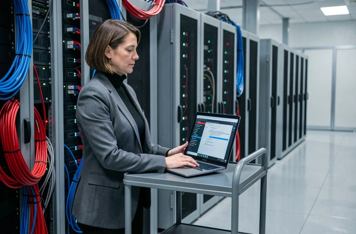 Administratrice système configurant un pare-feu Linux dans une salle de serveurs professionnelle
