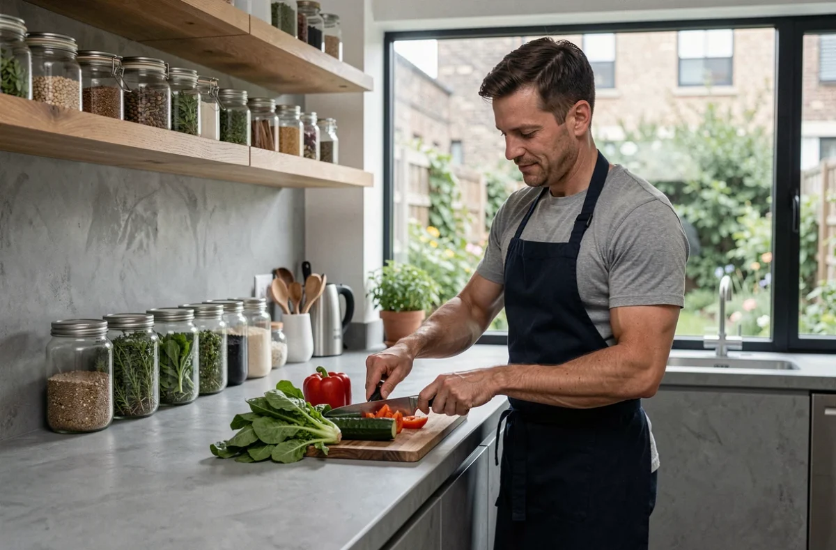 Homme préparant des légumes frais dans une cuisine moderne pour une alimentation saine et naturelle au quotidien