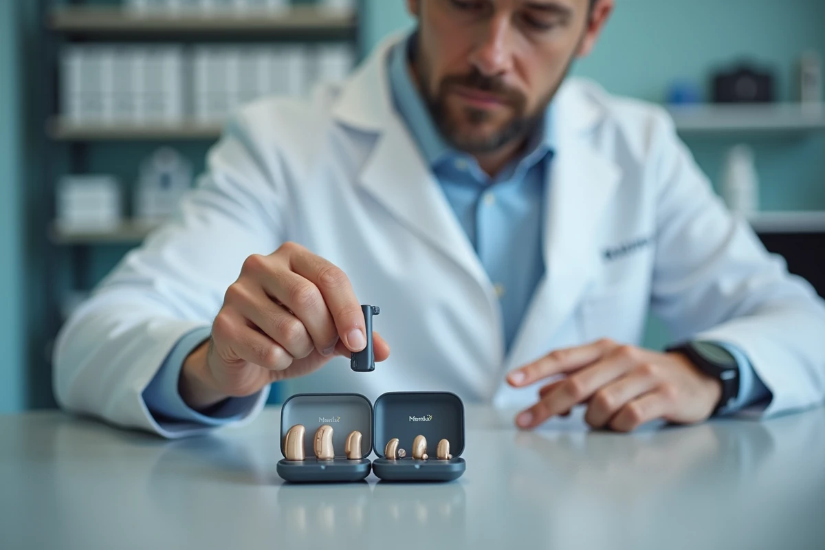 Audioprothésiste tenant un appareil auditif moderne dans une clinique Audika, comparaison des modèles et tarifs