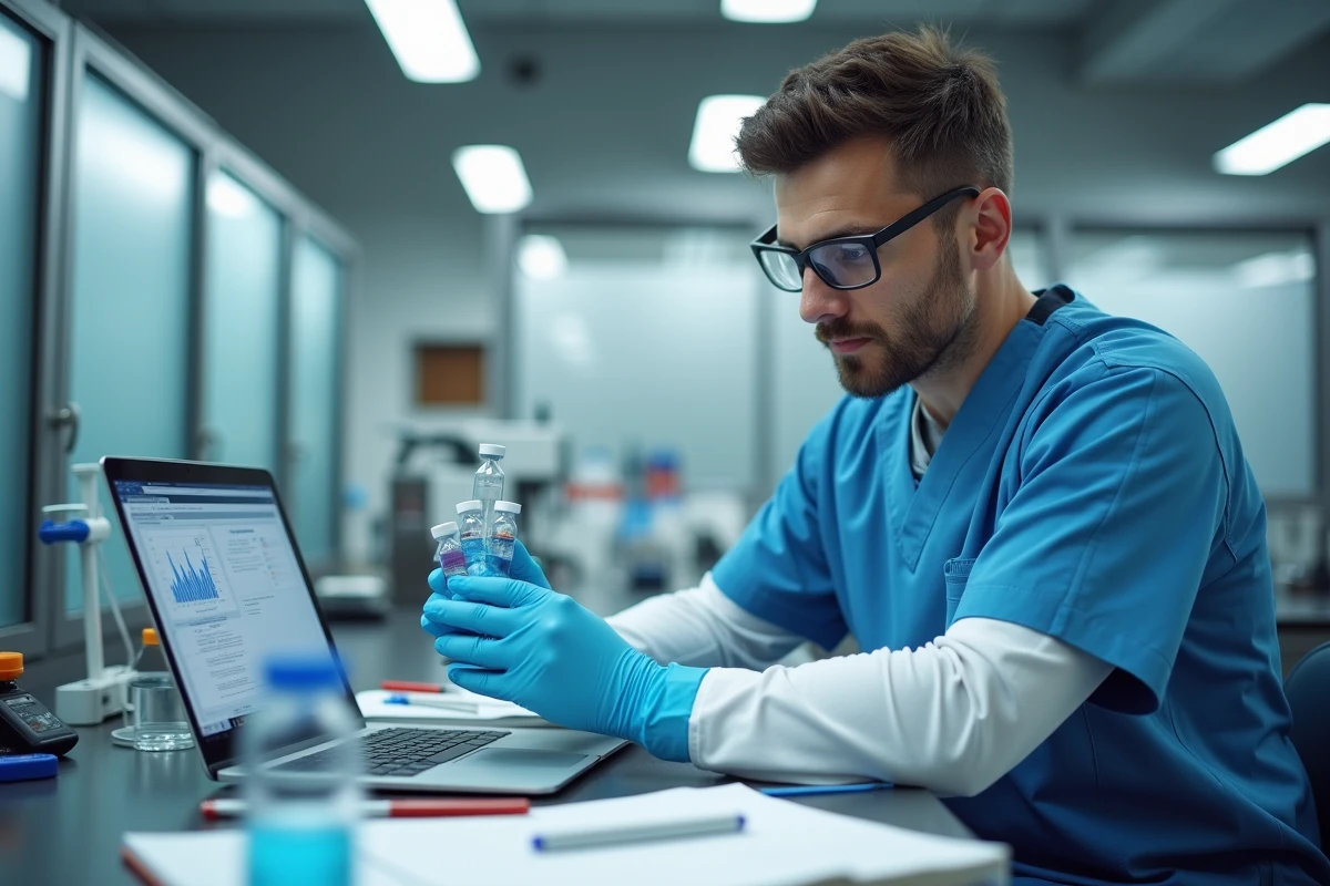 Chercheur scientifique analysant des flacons pharmaceutiques dans un laboratoire de recherche professionnel