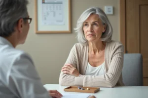 Femme senior en consultation chez un audioprothésiste Audika discutant du prix des appareils auditifs
