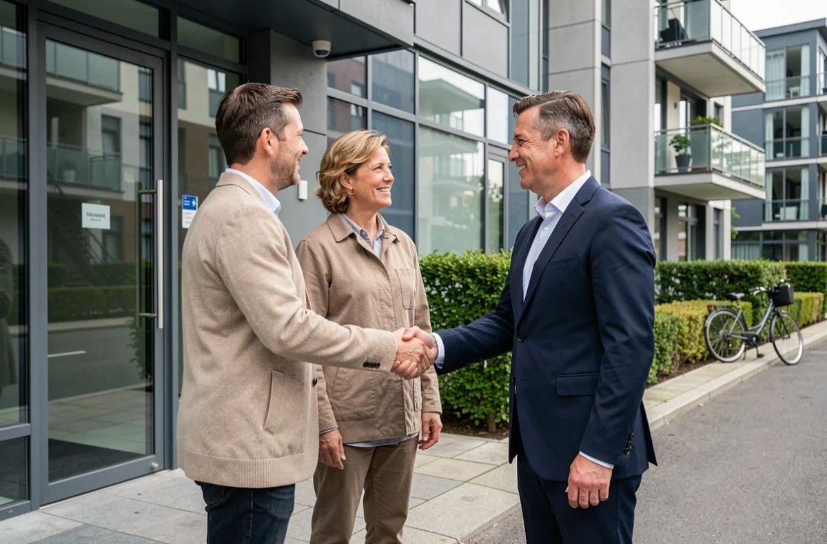 Couple signant un accord avec un agent immobilier devant un immeuble d'appartements moderne en ville