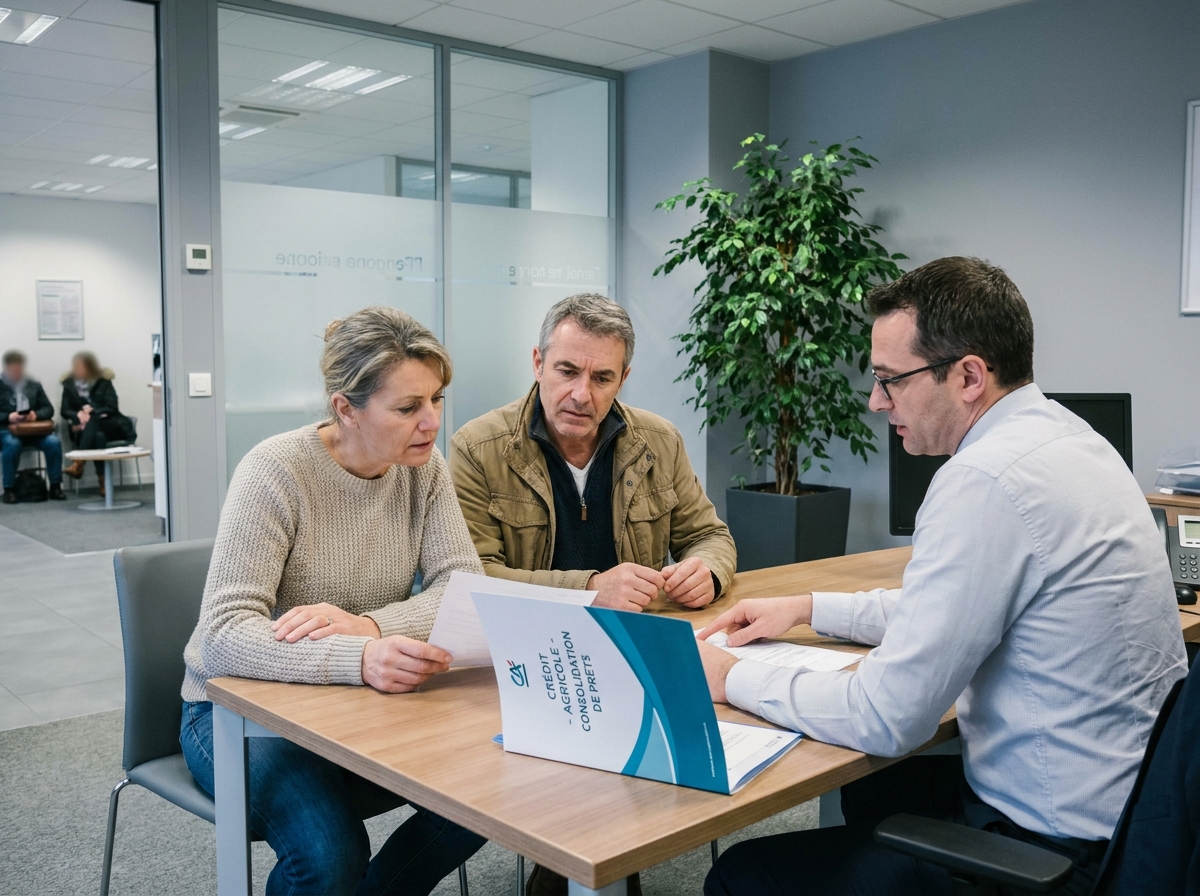 Couple consultant un conseiller bancaire pour regrouper leurs crédits dans une agence moderne