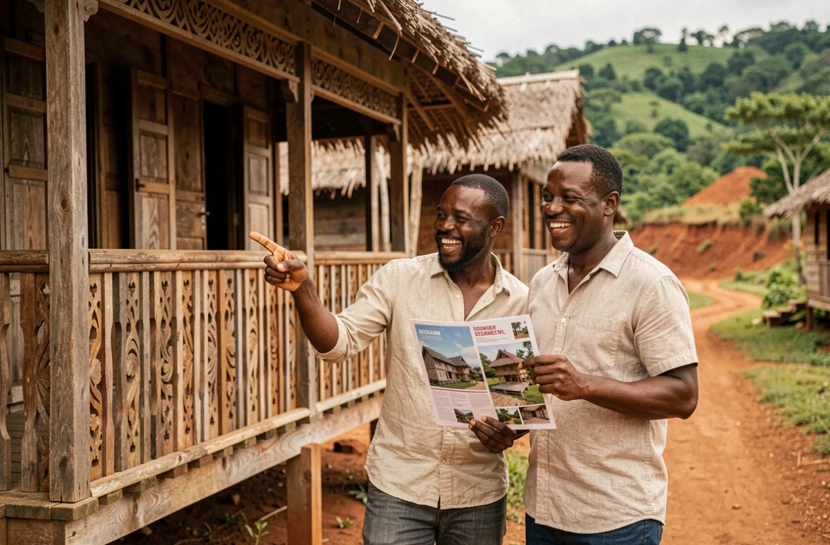 Couple malgache visitant une maison traditionnelle en bois avec balcon sculpté en milieu rural