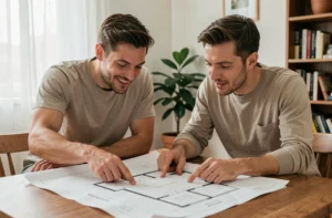 Couple étudiant des plans architecturaux pour leur projet immobilier sur une table en bois
