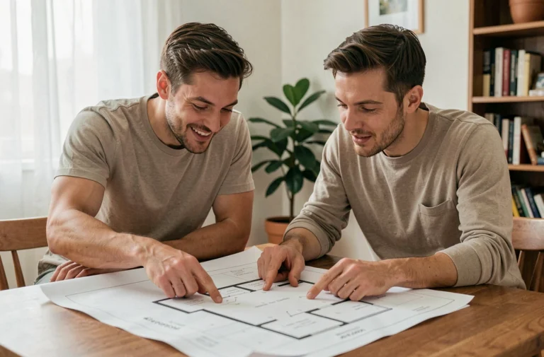 Couple étudiant des plans architecturaux pour leur projet immobilier sur une table en bois