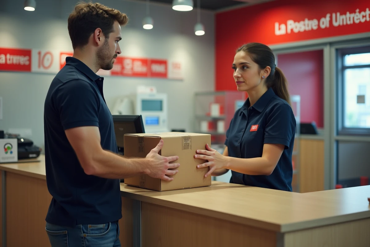 Hombre dejando un paquete en la ventanilla de una oficina de correos para un envío Colissimo en Francia