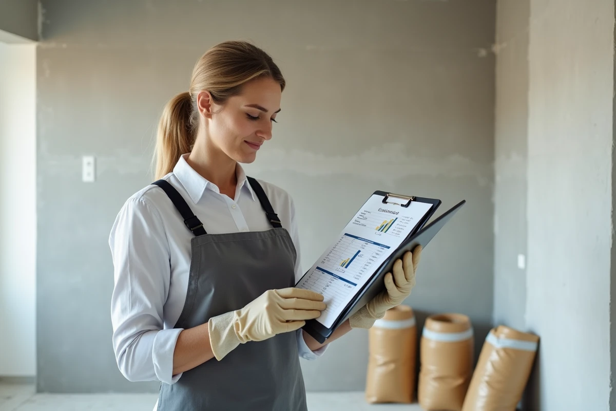 Professionnelle du bâtiment évaluant le coût d'un enduit de lissage au m² avec un devis et une tablette dans un chantier de rénovation