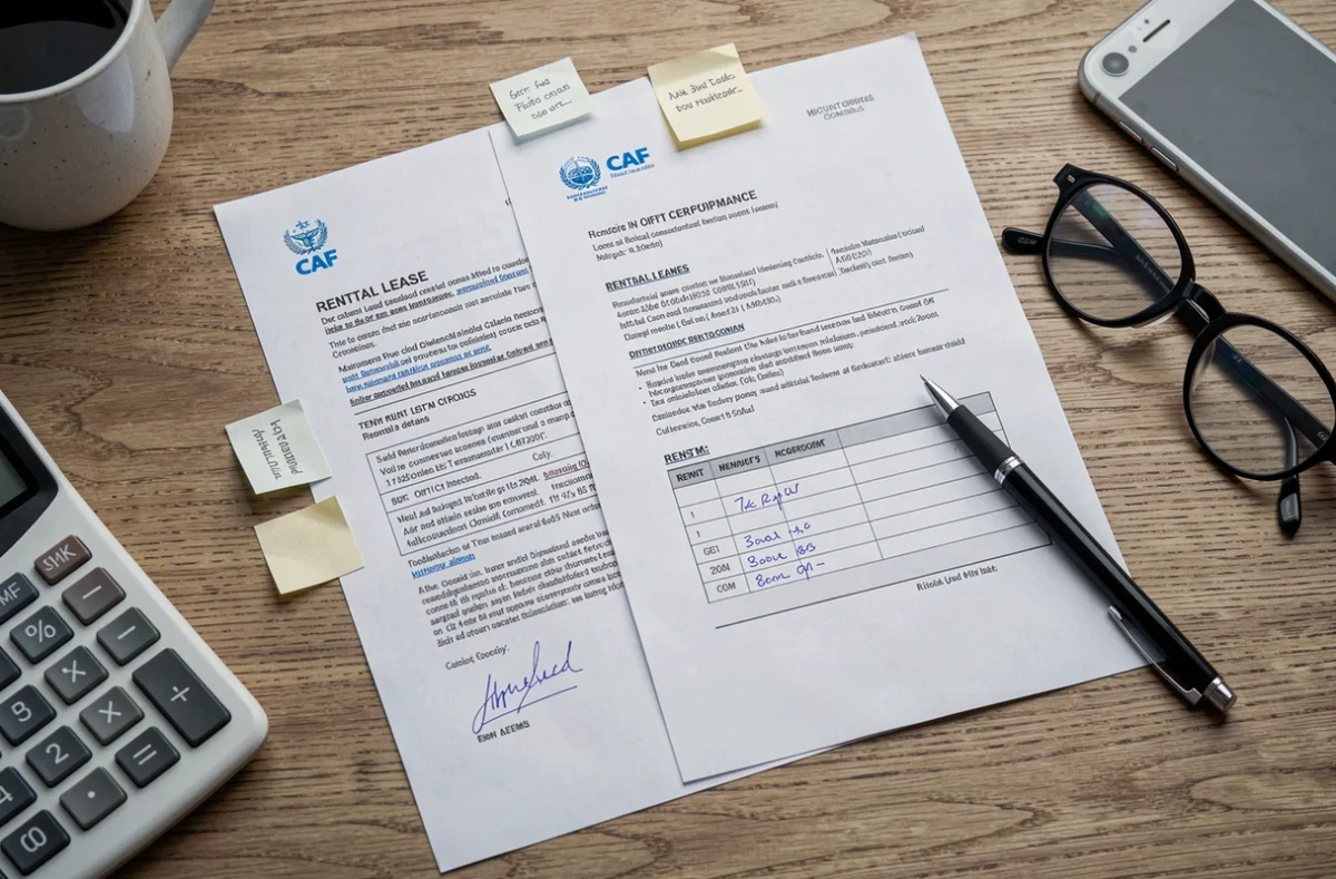 Documents administratifs de déclaration de loyers posés sur un bureau incluant bail de location et courrier de la CAF