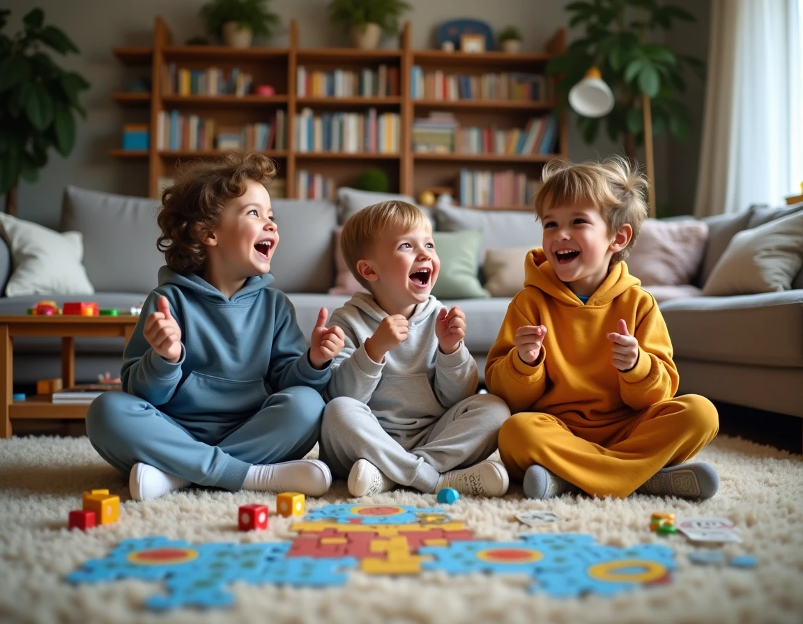 Trois enfants qui jouent à des jeux de société et à un puzzle sur un tapis de salon dans une ambiance familiale détendue