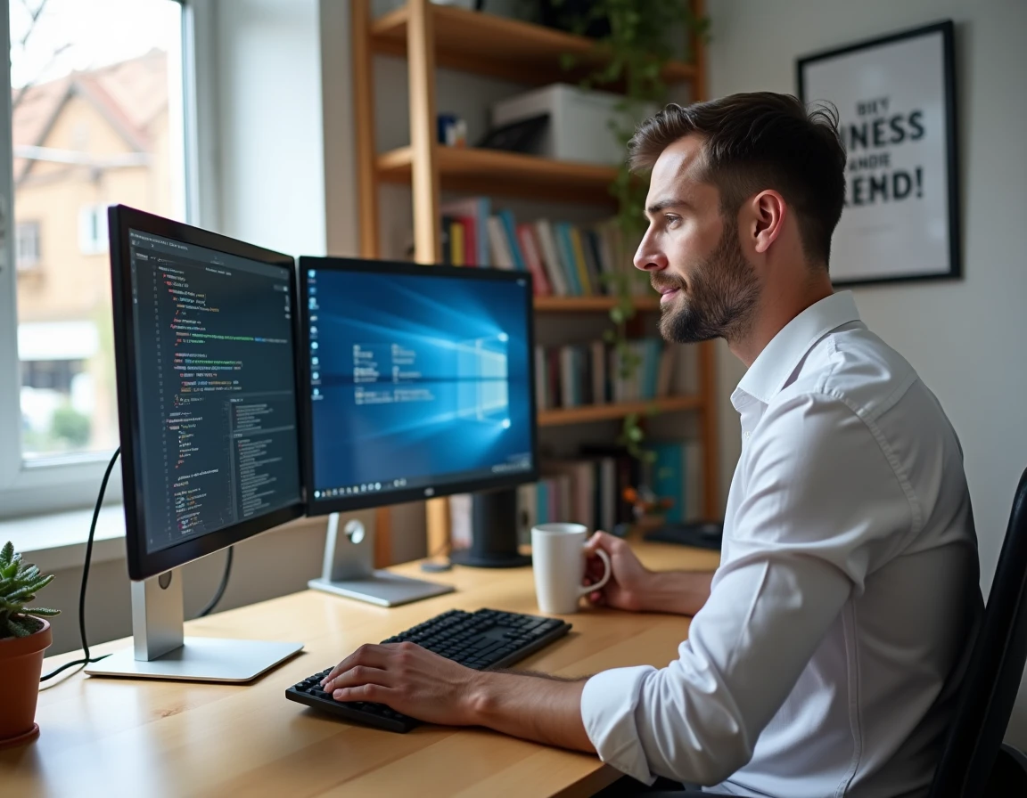 Entrepreneur en télétravail gérant la performance digitale de son entreprise depuis un bureau home office équipé de deux écrans