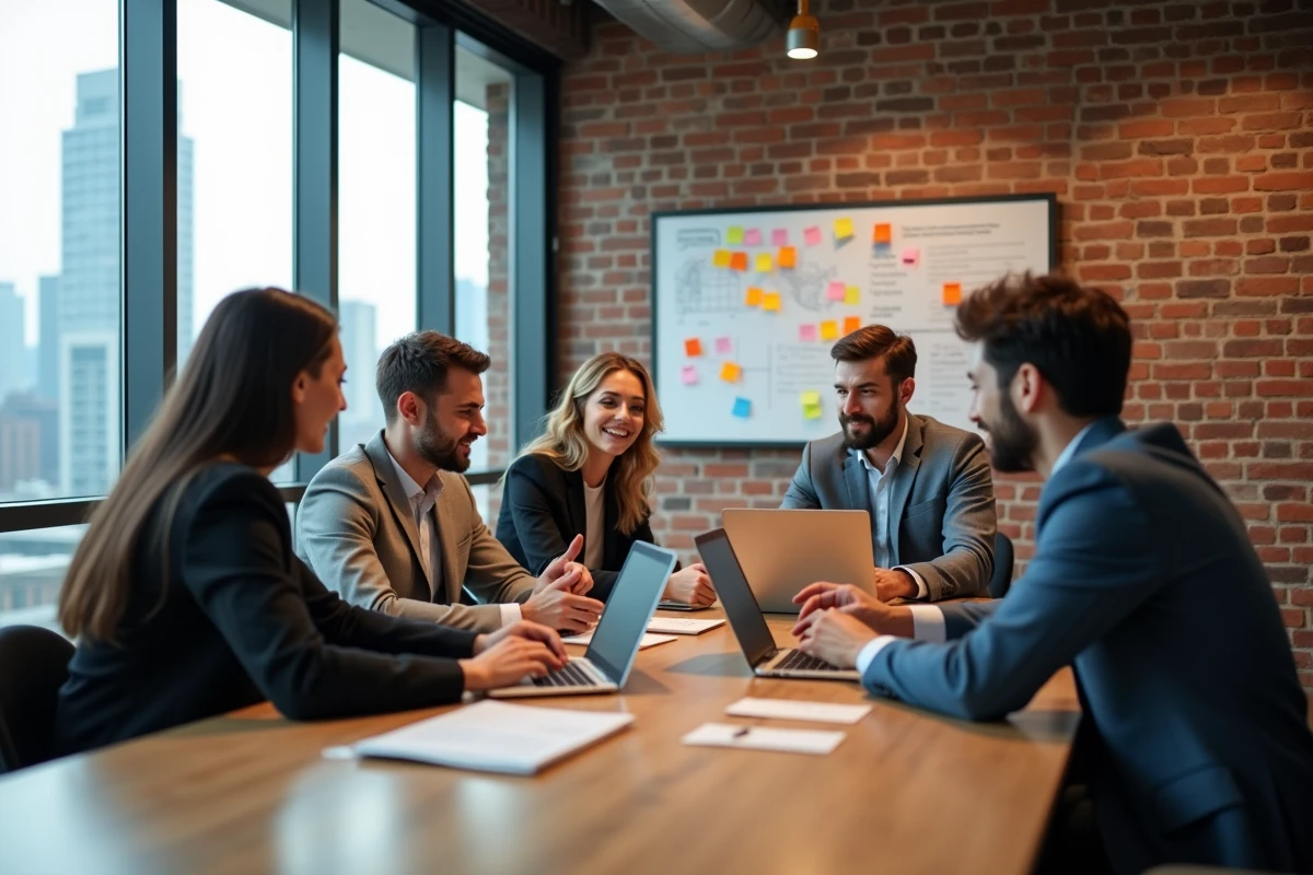 Groupe de collègues en brainstorming dans une salle de réunion urbaine