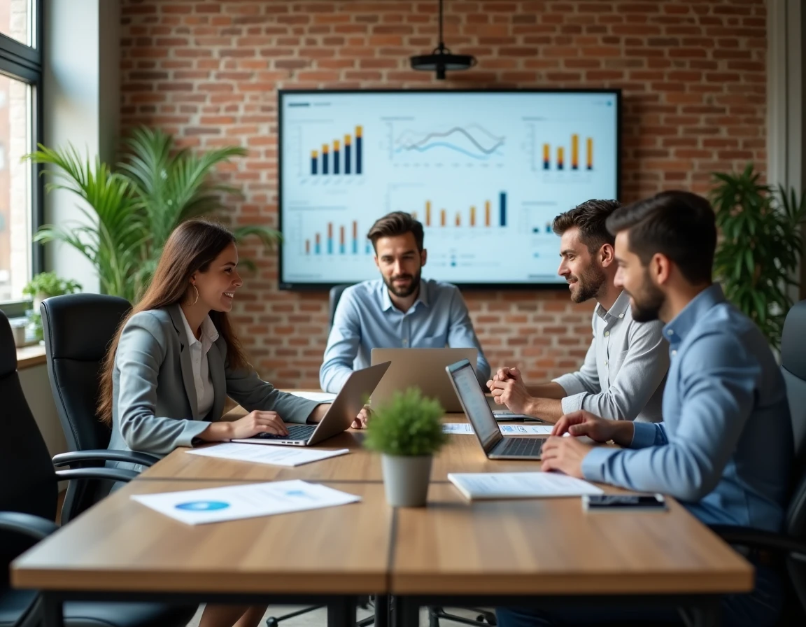 Équipe de professionnels collaborant autour de solutions digitales innovantes lors d'une réunion en salle de conférence moderne