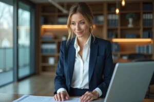 Femme d affaires confiante en blazer navy dans un bureau moderne