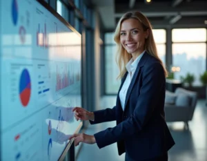 Femme d'affaires professionnelle interagissant avec un tableau de bord numérique sur grand écran dans un bureau moderne et connecté