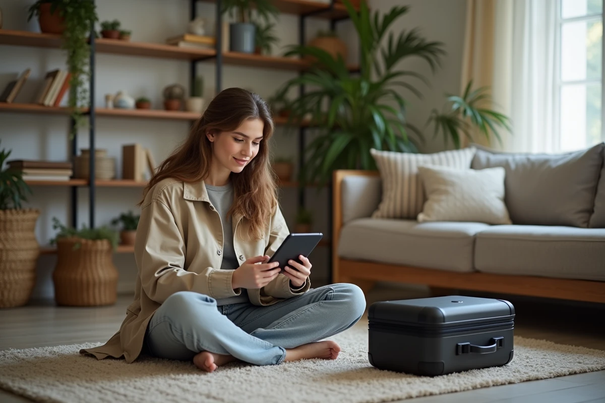 Jeune femme dans un appartement avec un modem portable et tablette