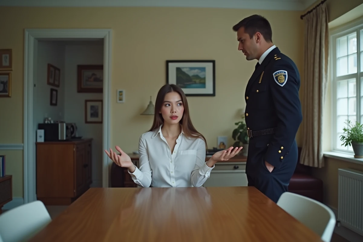 Jeune femme montrant ses mains à un huissier dans un intérieur