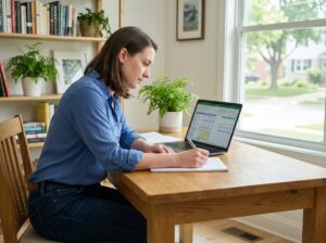 Jeune femme au bureau moderne examine des feuilles de calcul
