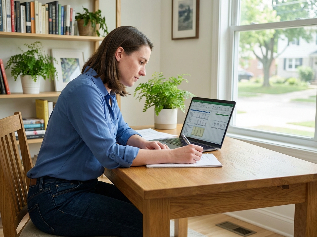 Jeune femme au bureau moderne examine des feuilles de calcul