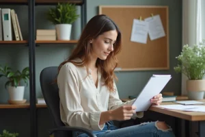 Femme en bureau à domicile organisant ses papiers