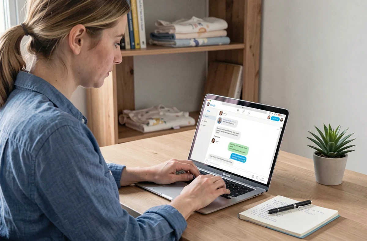 Femme utilisant un chat en ligne sur un ordinateur portable pour contacter le service client d'une boutique pour bébés depuis son bureau à domicile