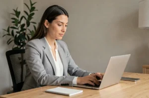 Femme professionnelle connectée à son espace client en ligne depuis son bureau à domicile