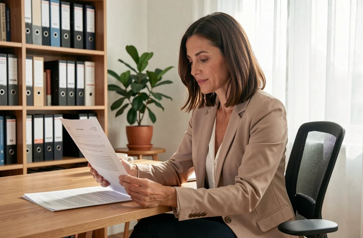 Femme professionnelle en blazer beige révisant un contrat de location immobilière à son bureau en bois