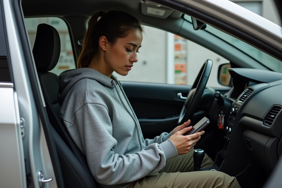 Jeune femme lit un code diagnostic dans sa voiture en garage