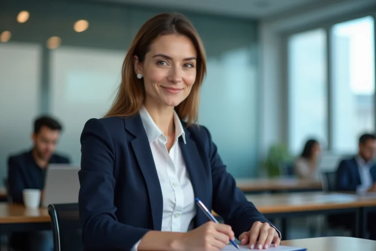 Femme professionnelle prenant des notes lors d'une formation en entreprise dans une salle de cours moderne