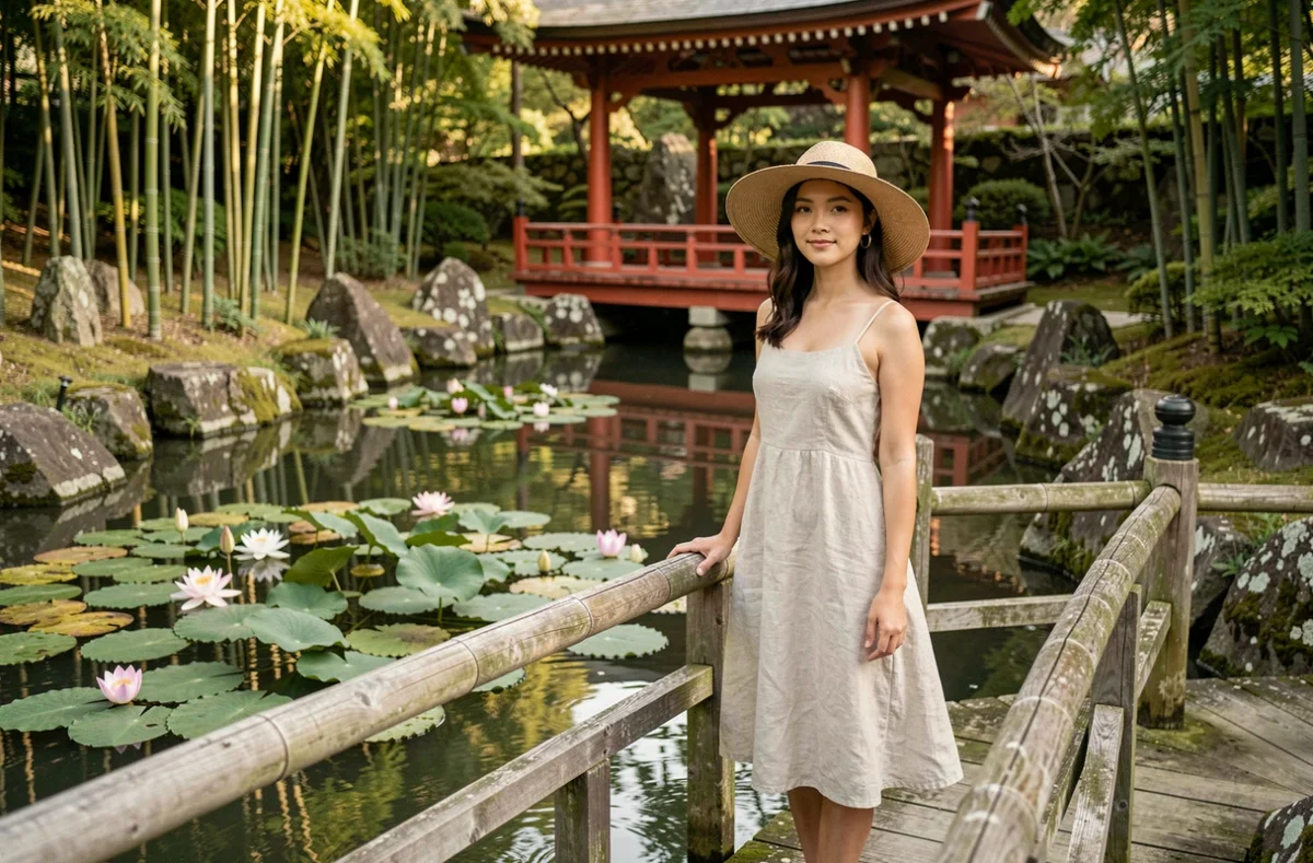 Femme sur un pont en bois dans un jardin japonais avec bassin de nénuphars et pavillon rouge en arrière-plan