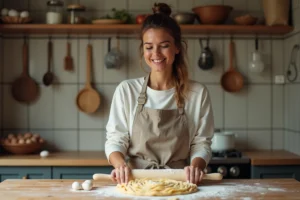 Femme souriante préparant des pâtes maison dans la cuisine