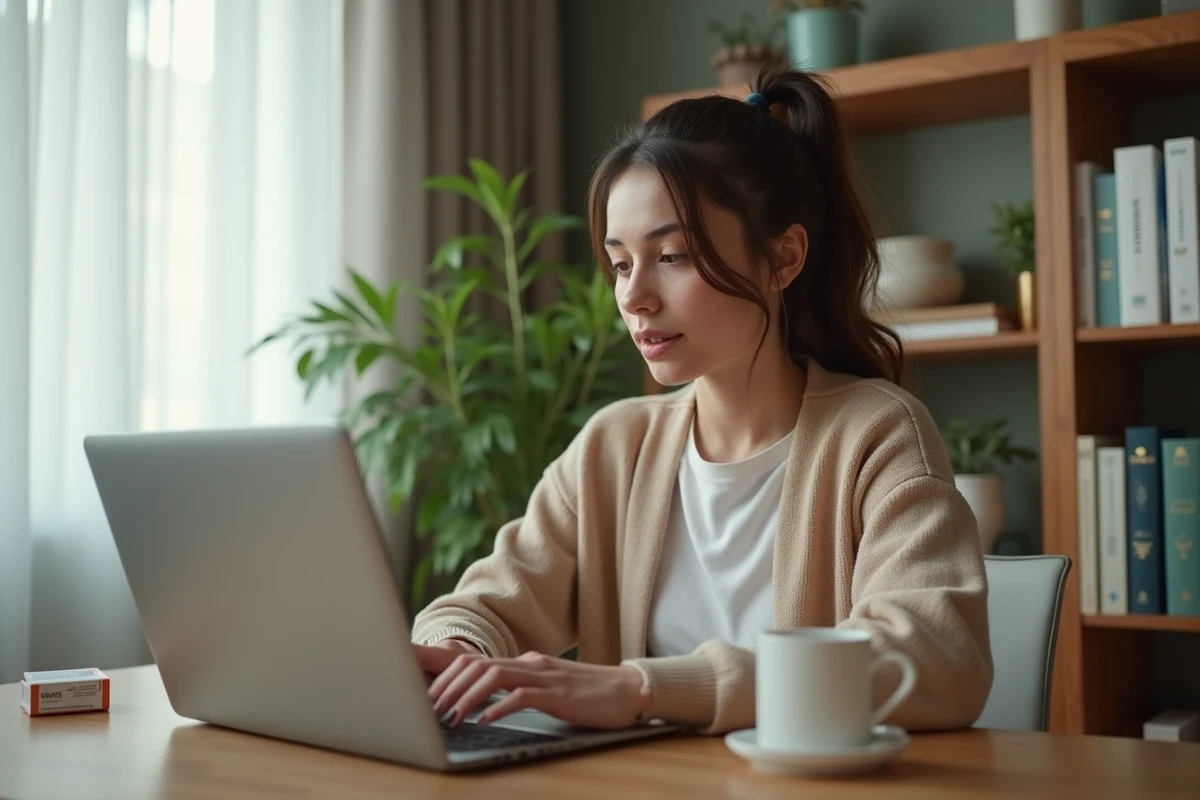 Jeune femme consultant une pharmacie en ligne sur son ordinateur portable depuis son domicile