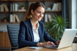 Femme cherchant des offres d'emploi en ligne sur son ordinateur portable dans un bureau à domicile moderne