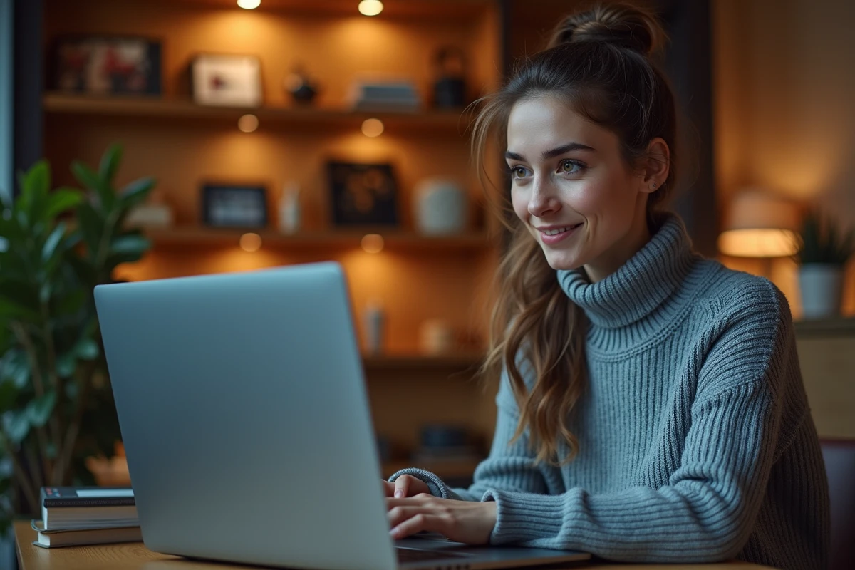Jeune femme accédant à Moovbob sur son ordinateur portable depuis un appartement parisien en 2026