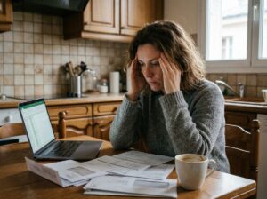 Femme stressée devant ses factures et relevés bancaires sur une table de cuisine, symbolisant la difficulté à gérer plusieurs prêts