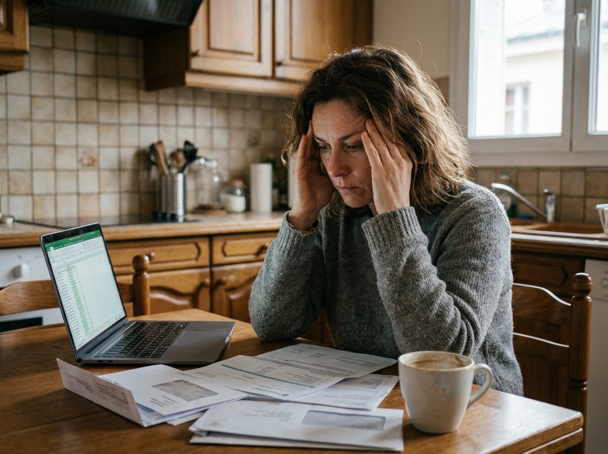Femme stressée devant ses factures et relevés bancaires sur une table de cuisine, symbolisant la difficulté à gérer plusieurs prêts