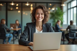 Femme souriante en coworking lors d'une visioconference