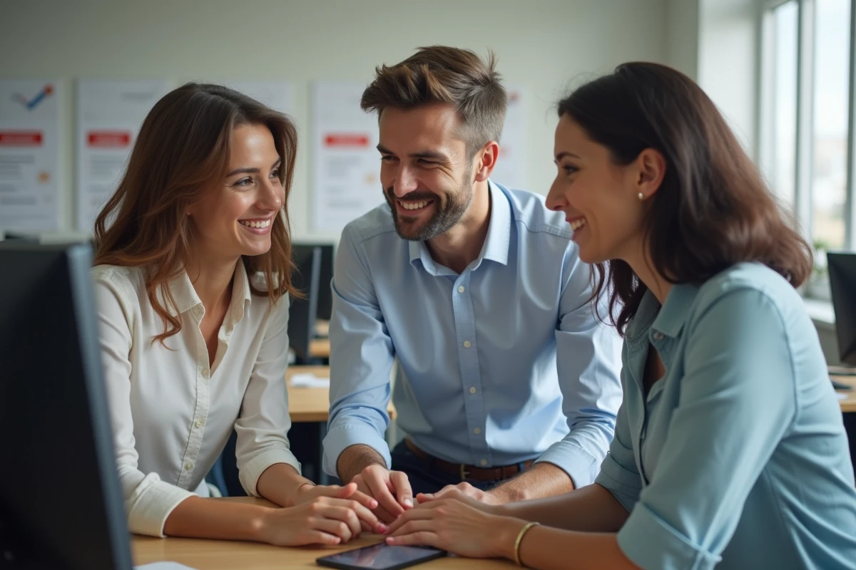 Groupe de jeunes professionnels consultant des offres d'emploi en ligne dans un centre de carrière universitaire