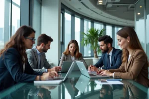 Groupe de professionnels en réunion dans un bureau moderne