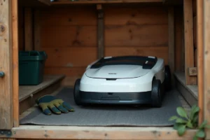 Robot tondeuse rangé dans un abri de jardin en bois pendant l'hivernage, posé sur un tapis en caoutchouc avec câble de charge et outils à proximité