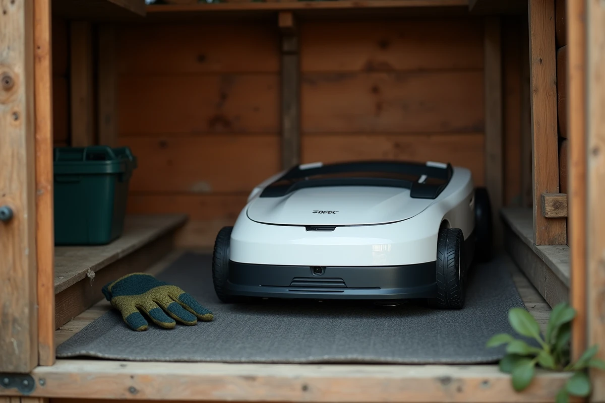 Robot tondeuse rangé dans un abri de jardin en bois pendant l'hivernage, posé sur un tapis en caoutchouc avec câble de charge et outils à proximité