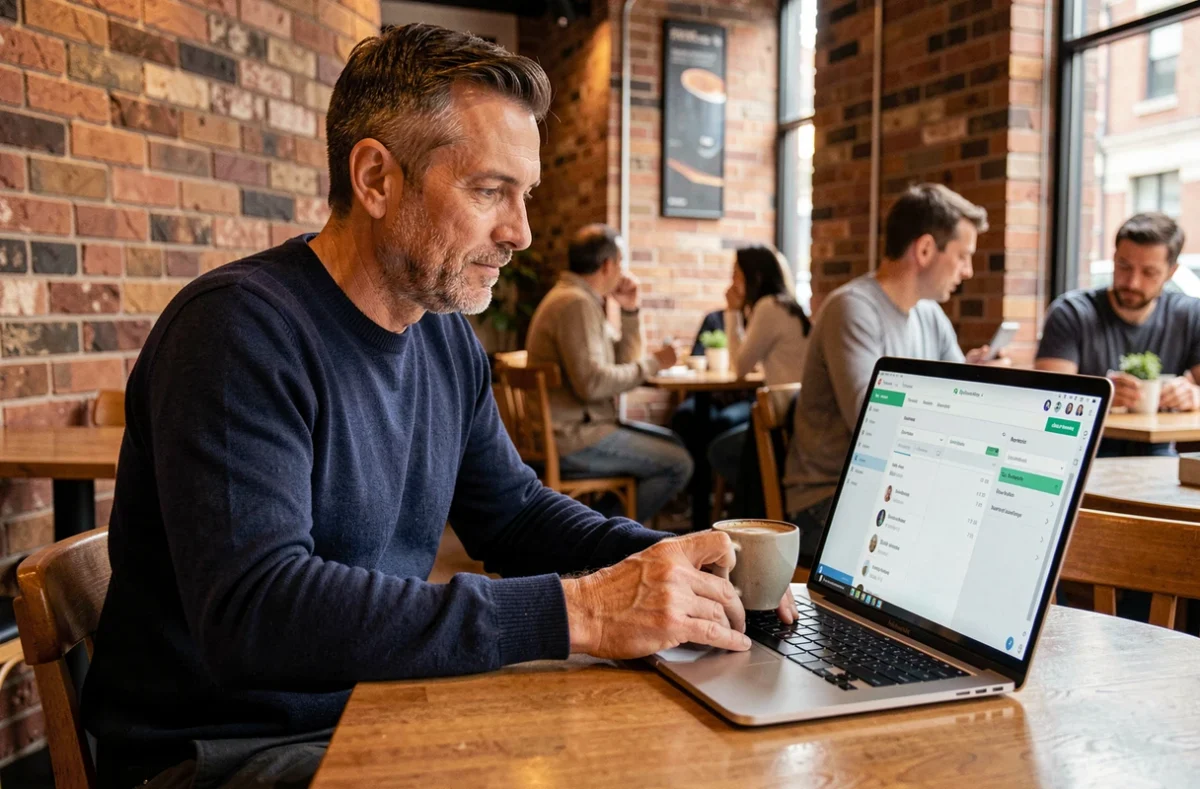 Homme accédant à son espace client en ligne depuis un café avec un ordinateur portable