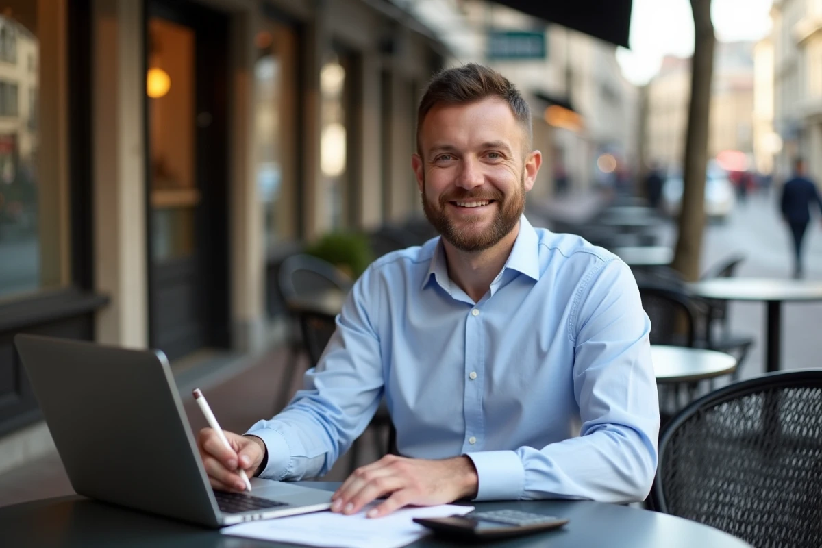 Homme au café travaillant sur son ordinateur en ville