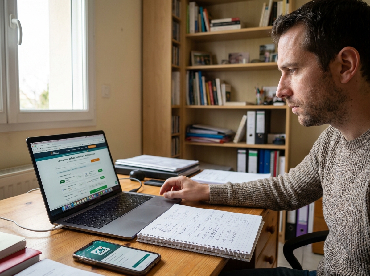 Homme comparant des offres de rachat de crédit sur son ordinateur portable depuis son bureau à domicile