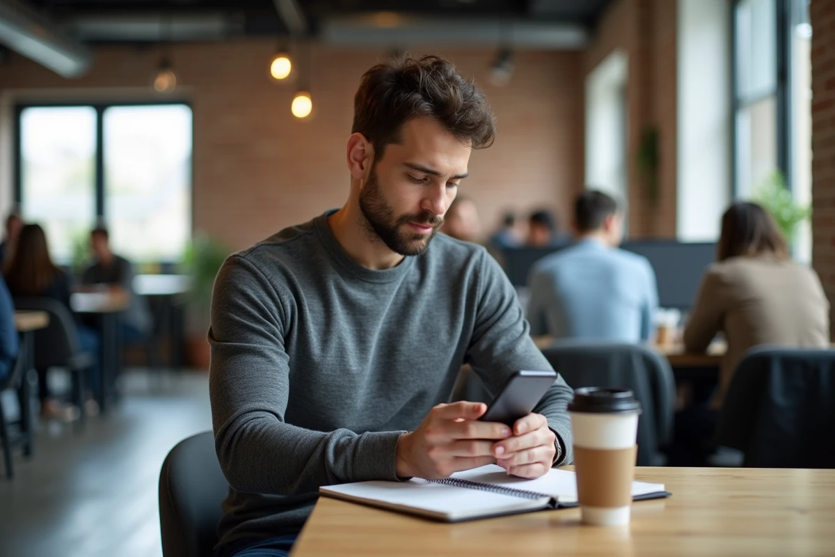 Homme consultant des offres d'emploi sur smartphone dans un espace de coworking contemporain