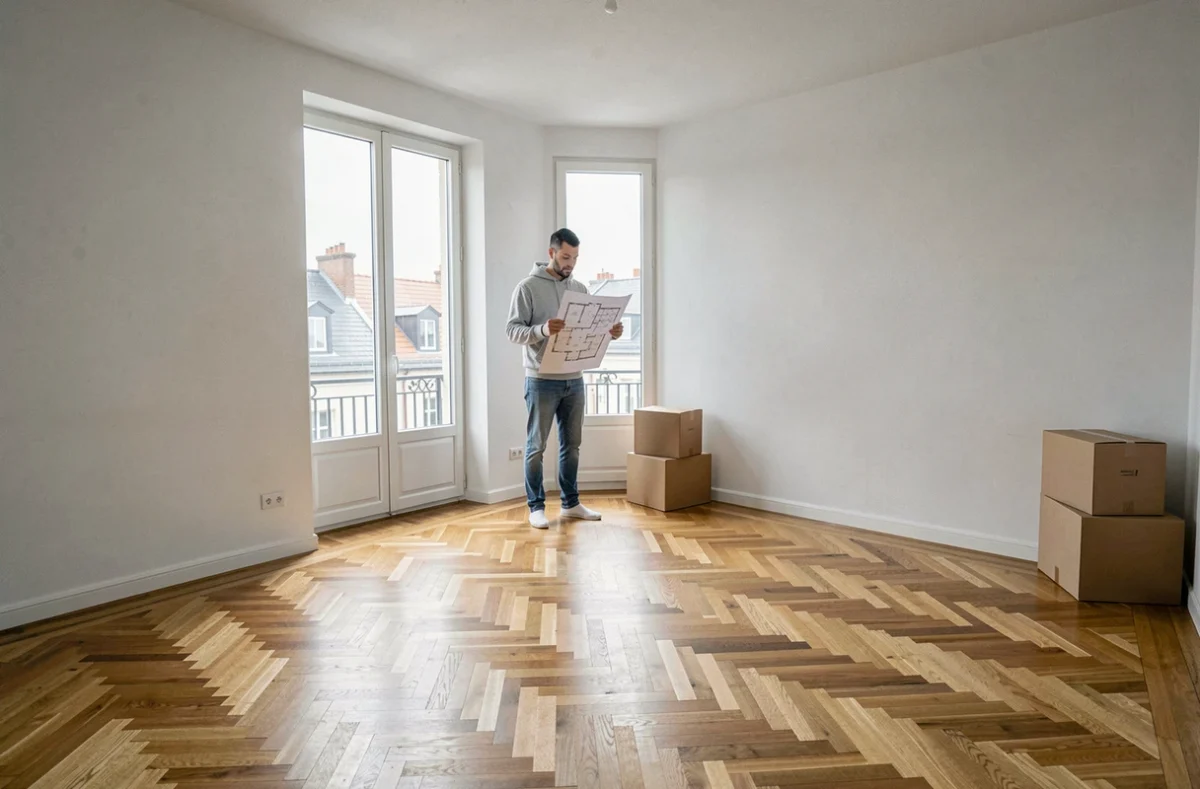 Homme étudiant un plan d'appartement dans un salon vide avec parquet en chevrons et grandes fenêtres