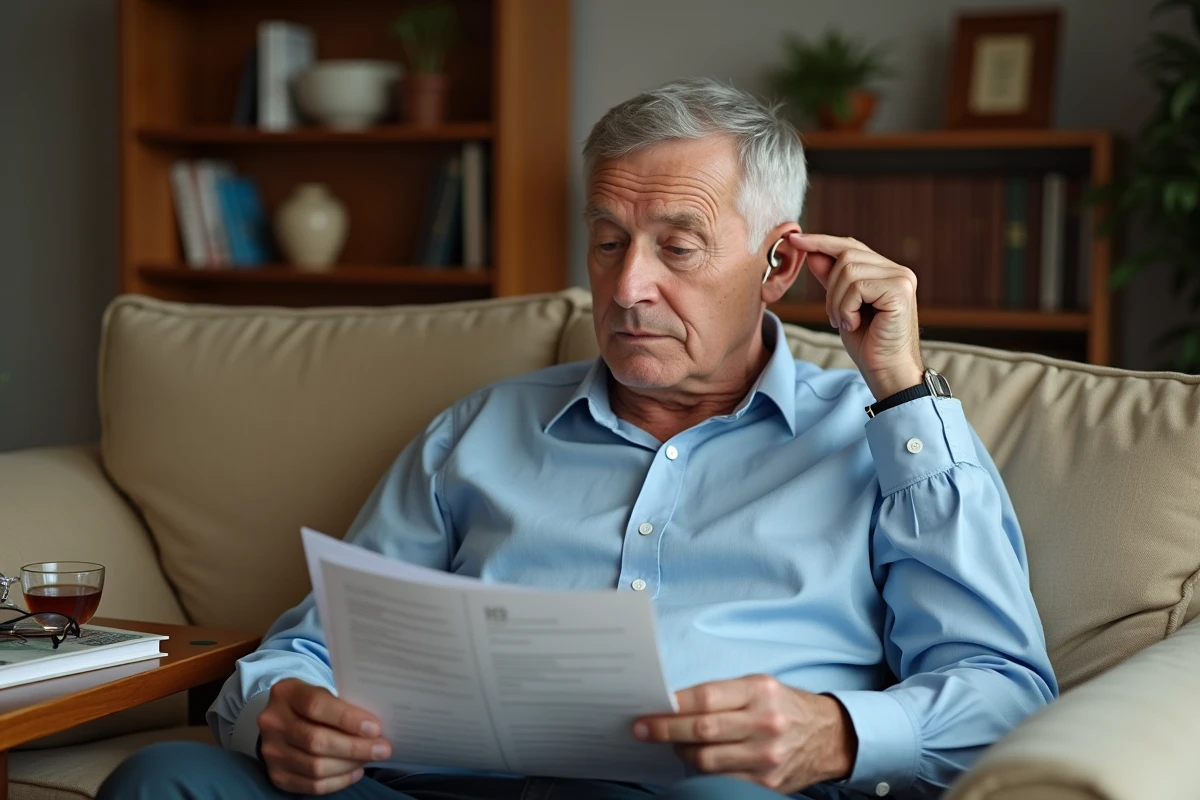 Homme senior portant un appareil auditif à domicile après achat chez Audika, remboursement et prix 2024
