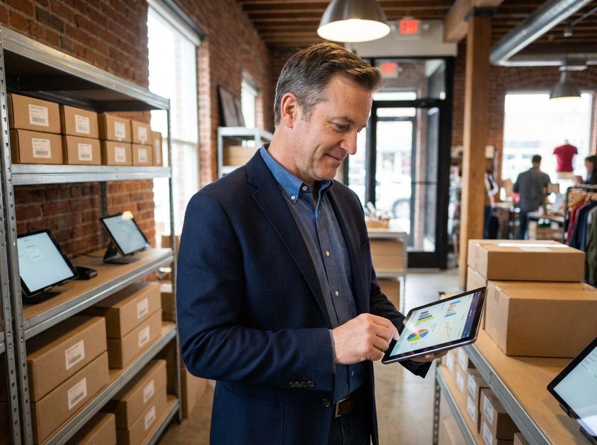 Businessman in a stockroom analyzing sales