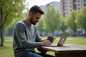 Homme en ville utilisant un internet portable en plein air